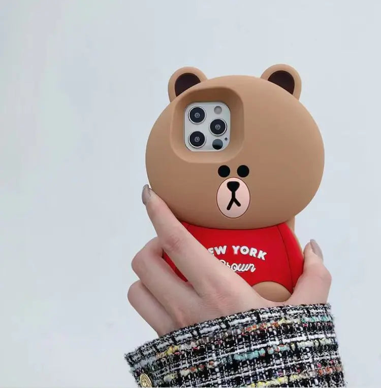 Cartoon Bear Striped Denim Phone Case, Silicone Cover
