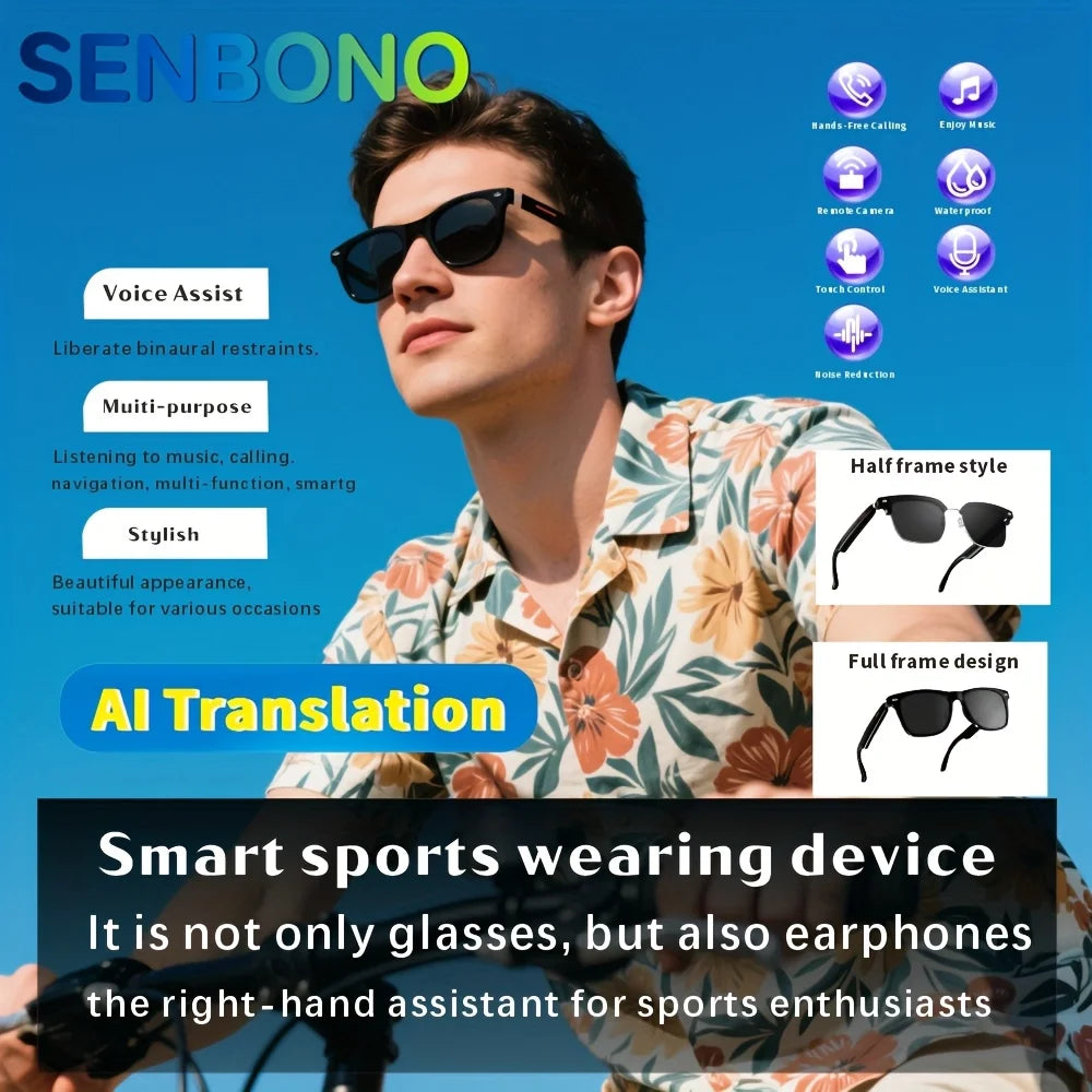 SENBONO AI Language Translation Glasses Supports 144 Language Translations Wireless Music Calling Rechargeable AI Smart Glasses