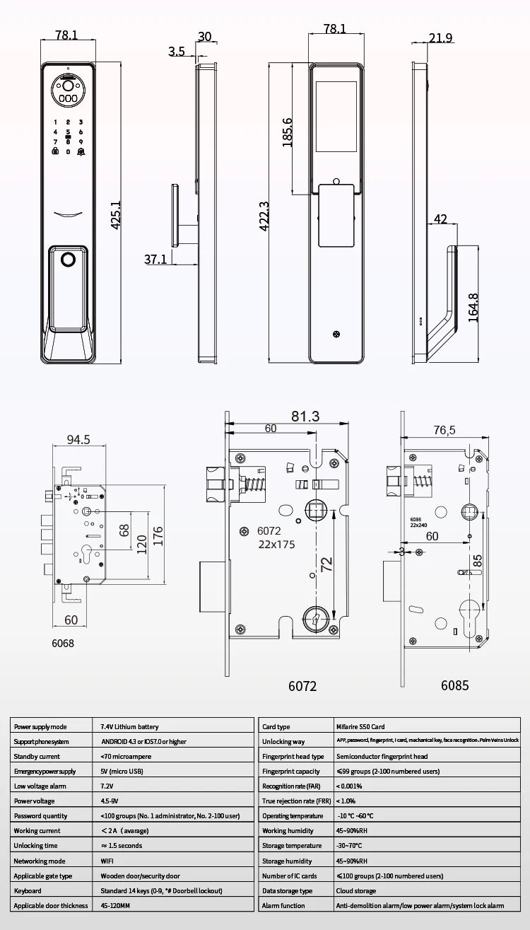 CNC Processing Technology 4.5-inch Large Screen 3D Face Video Intercom WIFI Smart Door Lock with Camera and Fingerprint