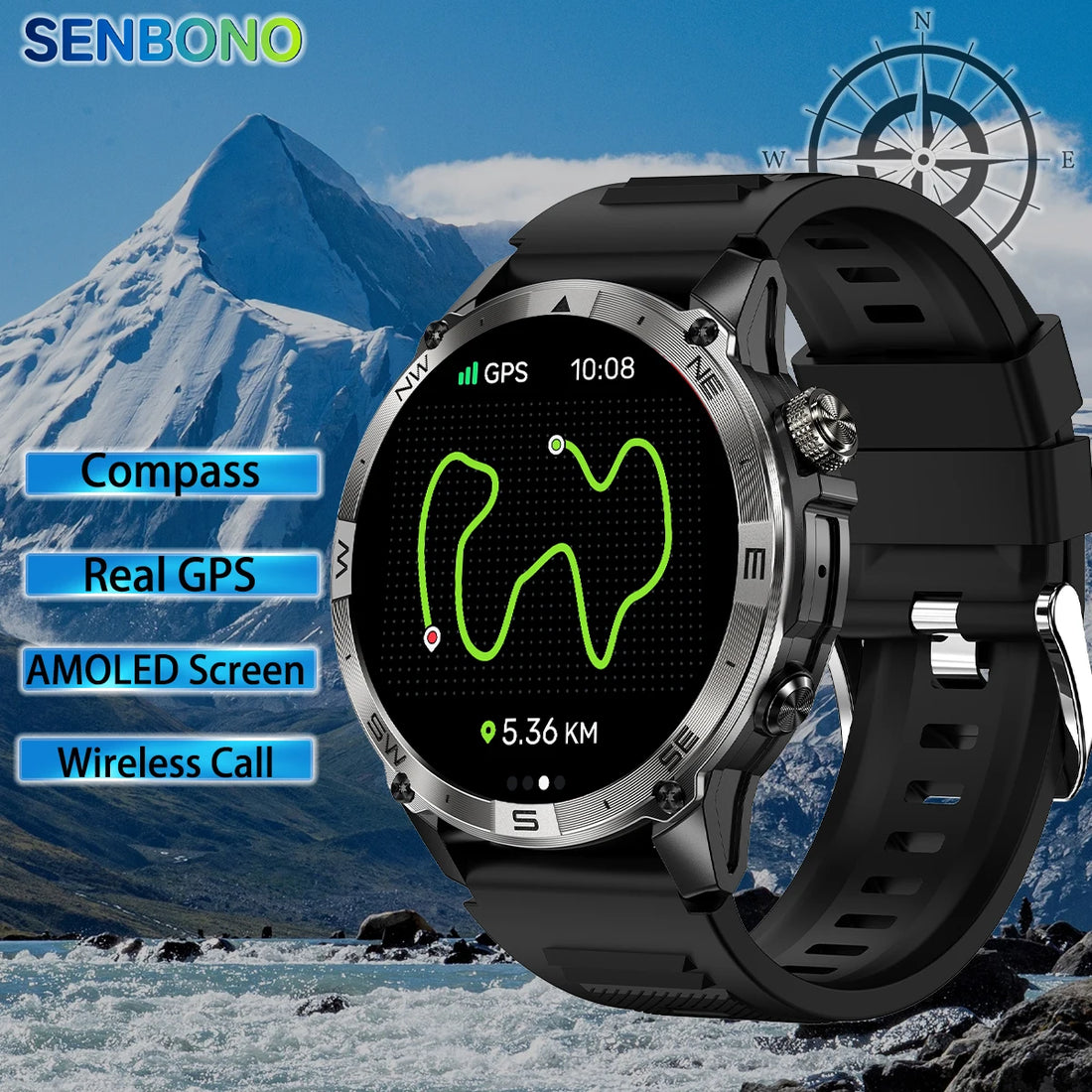SENBONO HK08 New AMOLED HD Screen Outdoor Sport GPS Smartwatch Altitude air Pressure Compass  Sport Tracking Smart Watch Men GPS