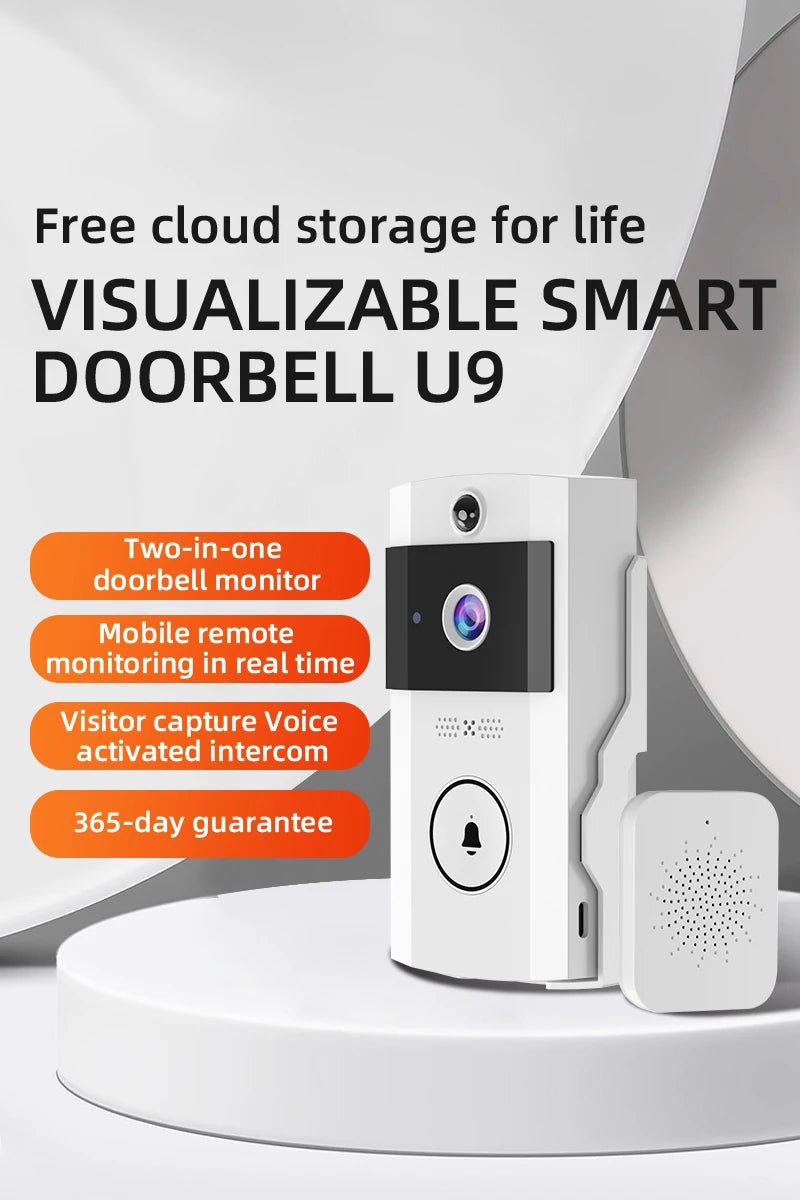 U9 Smart WiFi Video Doorbell for Home Security HD Night Vision Real-Time Intercom &amp; PIR Alarm USB Power Electric Source