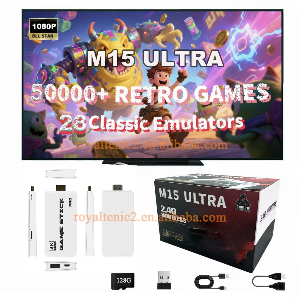 M15 Ultra 128GB 50000+ Retro Game Stick NEW Portable HD TV Home M15 Ultra Video Game Console with 2.4Ghz Wireless Controller
