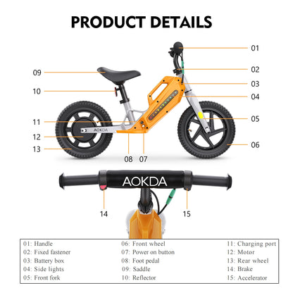 US Warehouse in Stock E Power Toy Bicycle AOKDA K8 180W Kids Electric Balance Bike for Children 5 - 12 Year Old Boys