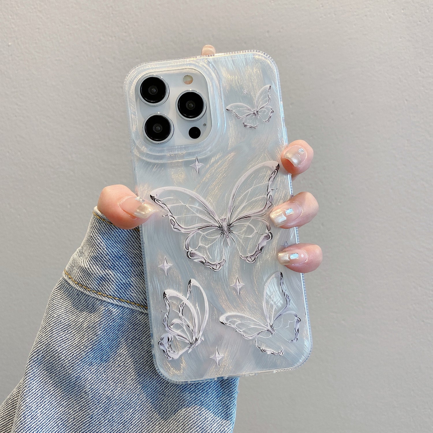 Applicable to iPhone15 Premium Feather Shell Apple 16 Butterfly Pearl Chain Apple 11 Silver Hard Shell Protective Case