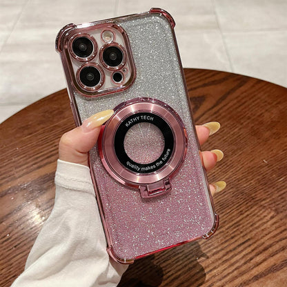 iPhone16 electroplated four-corner anti-drop mobile phone case magnetic suction bracket is suitable for Apple 15 gradual change glitter protective cover 13
