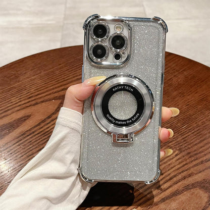 iPhone16 electroplated four-corner anti-drop mobile phone case magnetic suction bracket is suitable for Apple 15 gradual change glitter protective cover 13