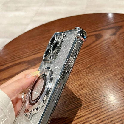 iPhone16 electroplated four-corner anti-drop mobile phone case magnetic suction bracket is suitable for Apple 15 gradual change glitter protective cover 13