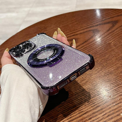 iPhone16 electroplated four-corner anti-drop mobile phone case magnetic suction bracket is suitable for Apple 15 gradual change glitter protective cover 13