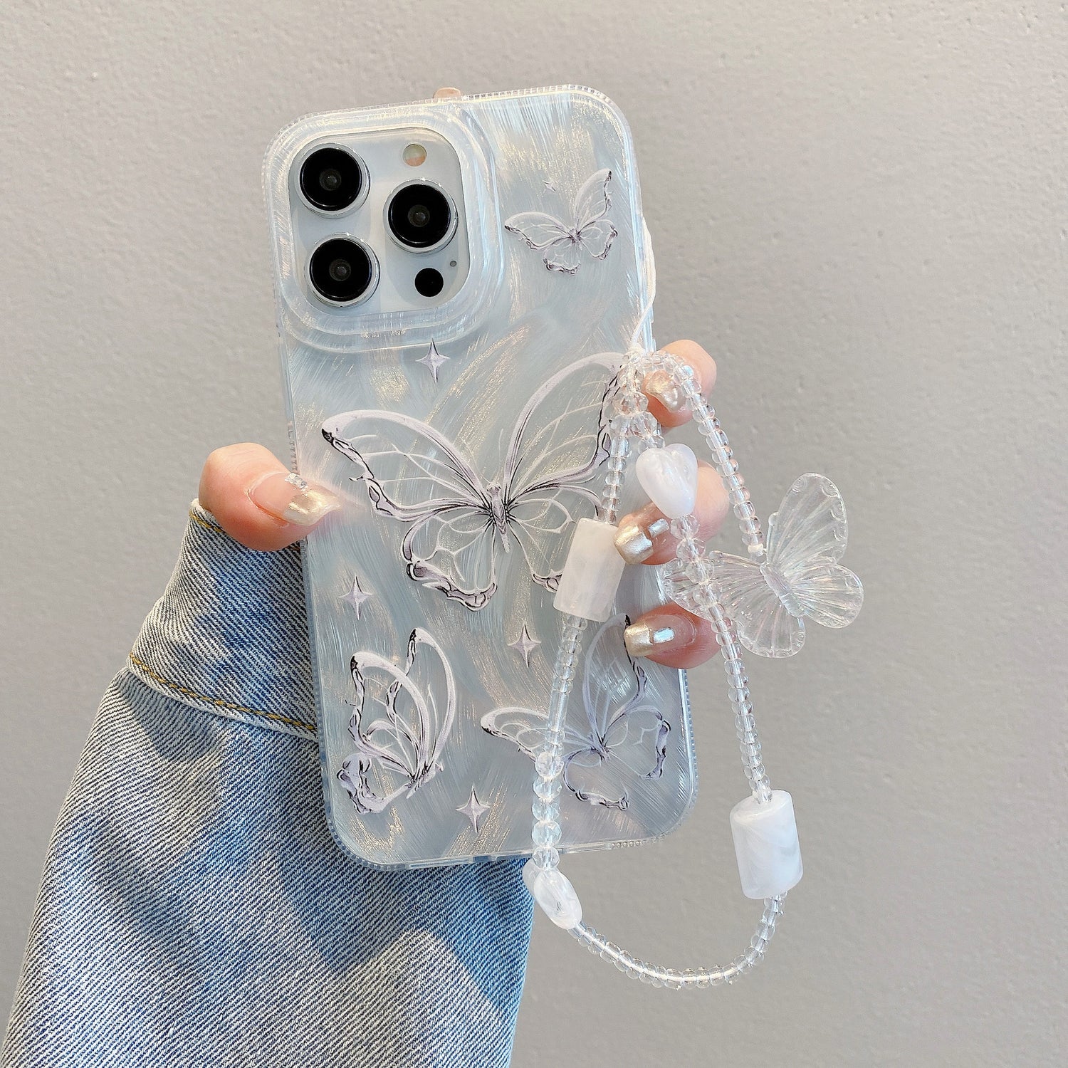 Applicable to iPhone15 Premium Feather Shell Apple 16 Butterfly Pearl Chain Apple 11 Silver Hard Shell Protective Case