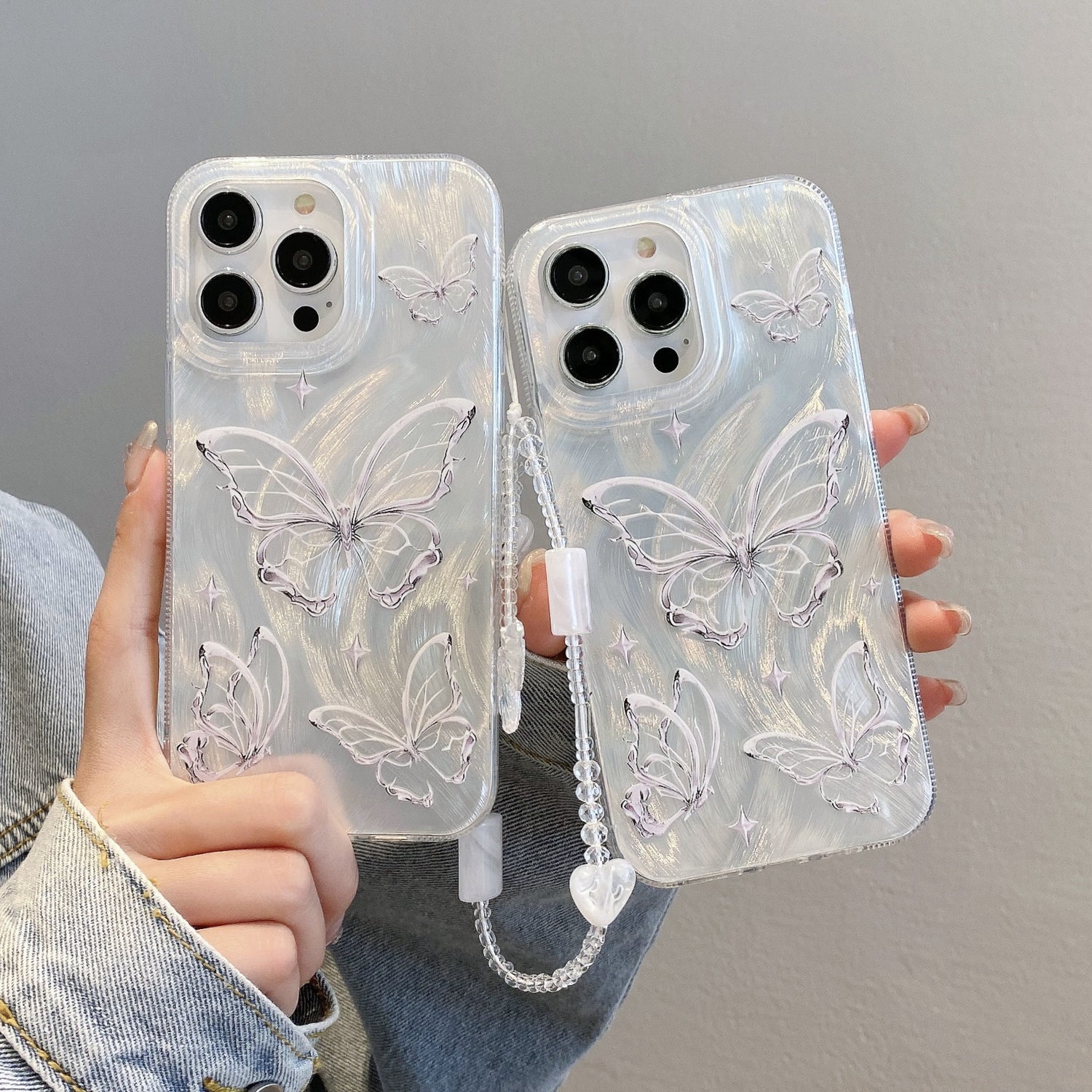 Applicable to iPhone15 Premium Feather Shell Apple 16 Butterfly Pearl Chain Apple 11 Silver Hard Shell Protective Case