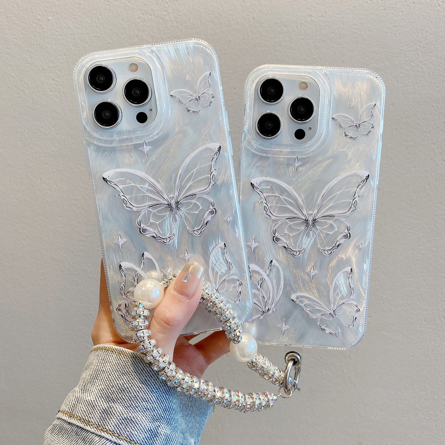 Applicable to iPhone15 Premium Feather Shell Apple 16 Butterfly Pearl Chain Apple 11 Silver Hard Shell Protective Case