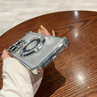 iPhone16 electroplated four-corner anti-drop mobile phone case magnetic suction bracket is suitable for Apple 15 gradual change glitter protective cover 13
