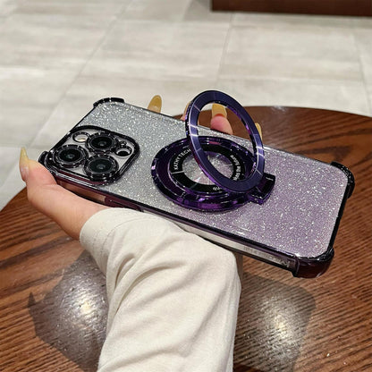 iPhone16 electroplated four-corner anti-drop mobile phone case magnetic suction bracket is suitable for Apple 15 gradual change glitter protective cover 13