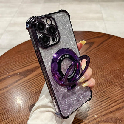 iPhone16 electroplated four-corner anti-drop mobile phone case magnetic suction bracket is suitable for Apple 15 gradual change glitter protective cover 13