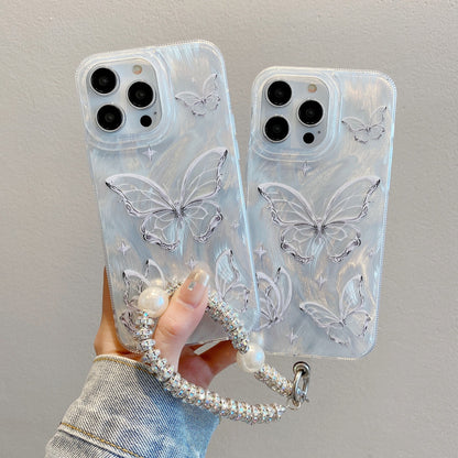 Applicable to iPhone15 Premium Feather Shell Apple 16 Butterfly Pearl Chain Apple 11 Silver Hard Shell Protective Case - Shengyao Chuangqi (HK) International Limited
