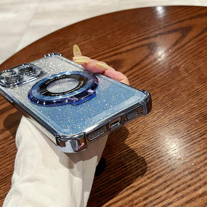 iPhone16 electroplated four - corner anti - drop mobile phone case magnetic suction bracket is suitable for Apple 15 gradual change glitter protective cover 13 - Shengyao Chuangqi (HK) International Limited