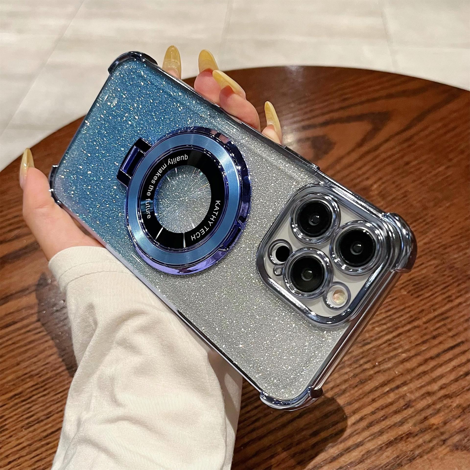 iPhone16 electroplated four - corner anti - drop mobile phone case magnetic suction bracket is suitable for Apple 15 gradual change glitter protective cover 13 - Shengyao Chuangqi (HK) International Limited
