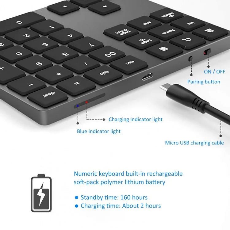 Mini 34Keys Number Keyboard Laptop Rechargeable BT3.0 Keyboard Calculator Wireless Numeric Keypad Keyboard - Shengyao Chuangqi (HK) International Limited