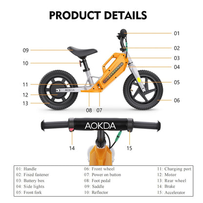 US Warehouse in Stock E Power Toy Bicycle AOKDA K8 180W Kids Electric Balance Bike for Children 5 - 12 Year Old Boys - Shengyao Chuangqi (HK) International Limited